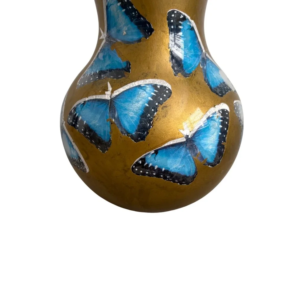 Vintage Hand Painted Gold Glass Vase Blue Butterfly Decoupage Floral Decor 9.5in